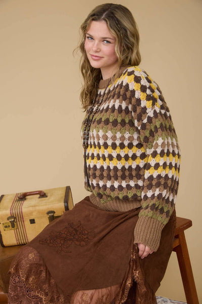 MULTICOLOR KNIT CREWNECK PULLOVER SWEATER: BROWN MULTI - Lulu Bella Boutique