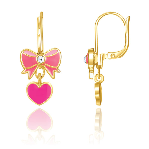 Pink Heart and Bow Lever Back Earrings