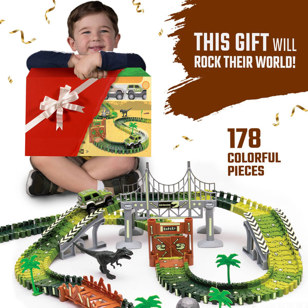 Dinosaur Race Car Track Set Toy, STEM Glow In The Dark Toy