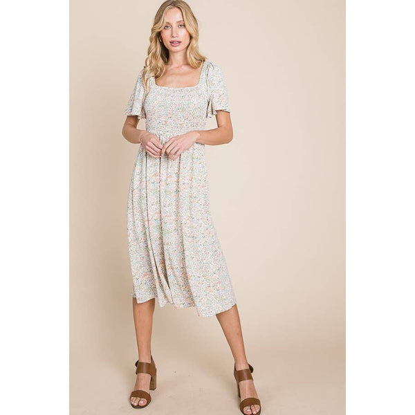 Floral Print Square Neck Smocked Midi Dress: Cream - Lulu Bella Boutique