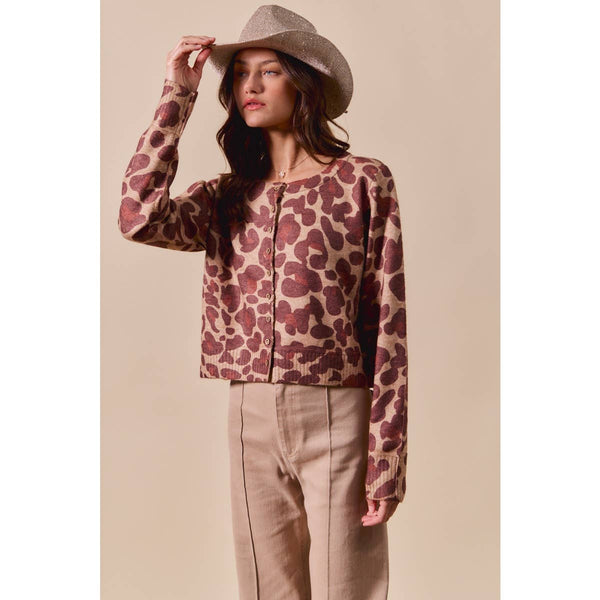 LEOPARD PRINT BUTTON UP SWEATER CARDIGAN: LEOPARD