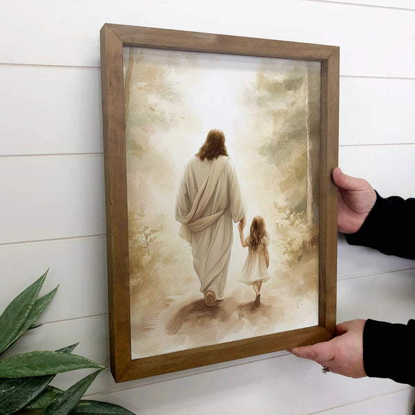 Jesus Walking with Light Haired Girl - Jesus Canvas Art : 18x24" Large Canvas Art with Thick Wood Frame - Lulu Bella Boutique