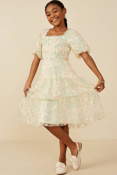 Girls Smocked Floral Mesh Lace Tiered Dress - Lulu Bella Boutique