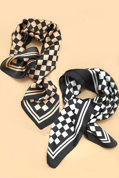 LARGE CHECKER PRINT SILKY FEEL BANDANA SCARF: Brown
