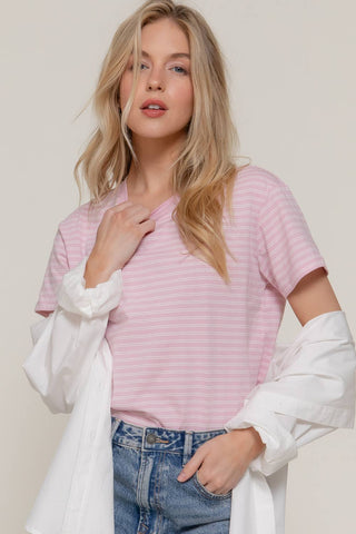 Short Slv Round Neck Stripe Tee: PNK-pink/white-183473 / M