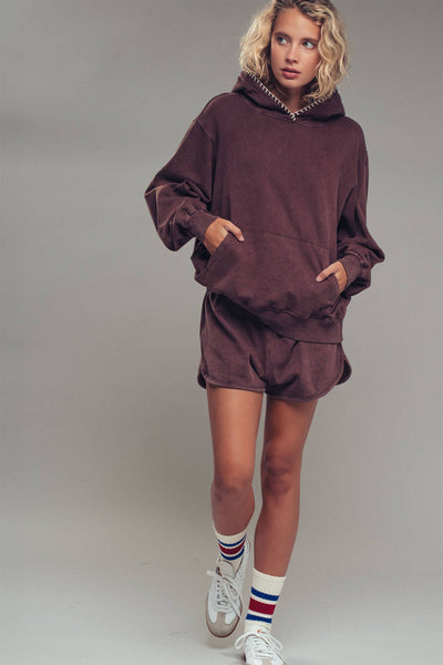 Vintage-Wash Crochet Trim Hooded Sweatshirt: BROWN