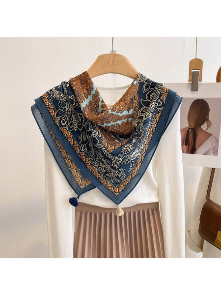 Retro Floral Print Tassel Square Scarf: Navy