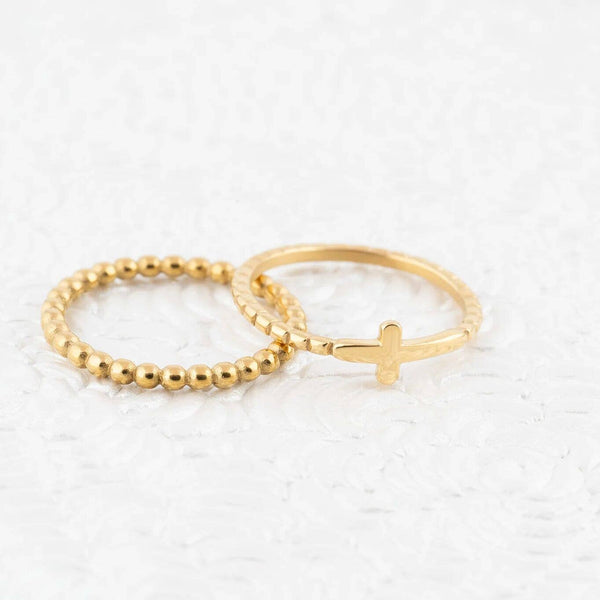 14K Gold Filled Plus™ Beaded Cross Stacking Ring: Gold / 7