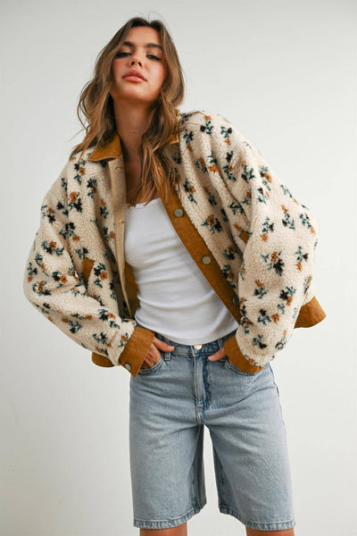 Floral Sherpa Fleece Snap Jacket with Twill Trim: CREAM / CAMEL