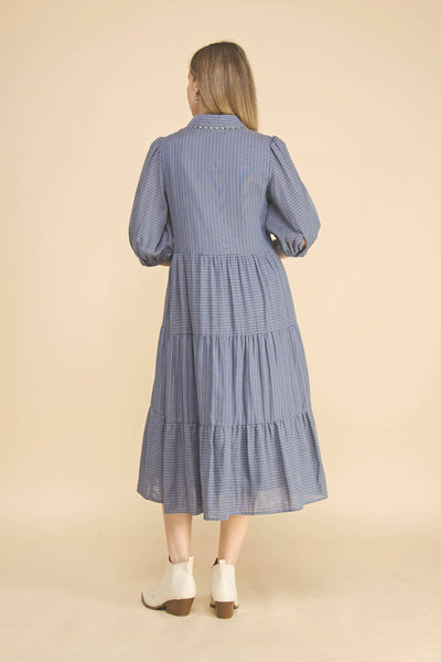 Gingham Tiered Midi Dress: Denim Blue