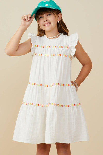 Girls Contrast Floral Lace Trim Ruffle Tank Dress: Off White / S - Lulu Bella Boutique