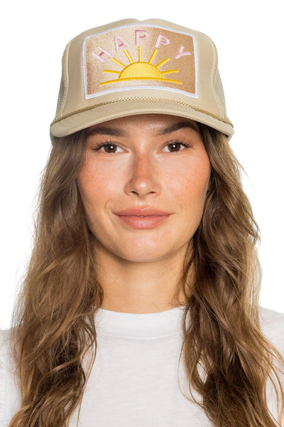 Happy Sun Trucker Hat in Tan: Tan - Lulu Bella Boutique