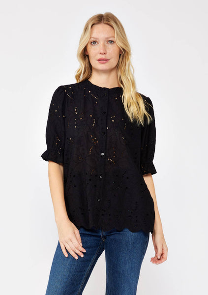 Embroidered Eyelet Cotton Summer Top: Black / S