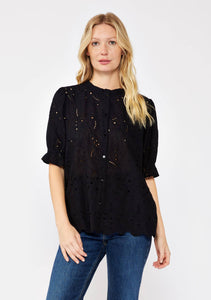 Embroidered Eyelet Cotton Summer Top: Black / M