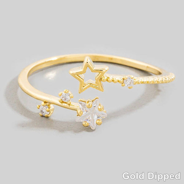 Gold Dipped Cz Double Star Open Ring
