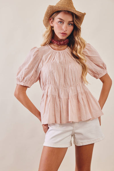 Embroidered Rose Peplum Blouse: Rose Latte - Lulu Bella Boutique