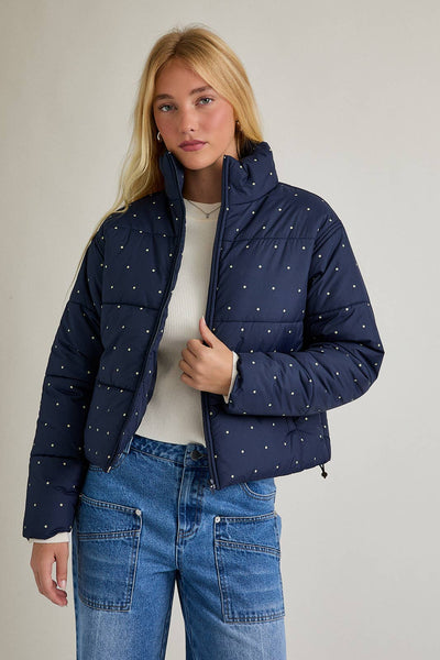 FLORAL DOT PRINTED PUFFER JACKET: NAVY-BUTTER DOT