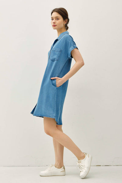 DENIM WASH BUTTON DOWN TENCEL DRESS : MED WASH / S - Lulu Bella Boutique