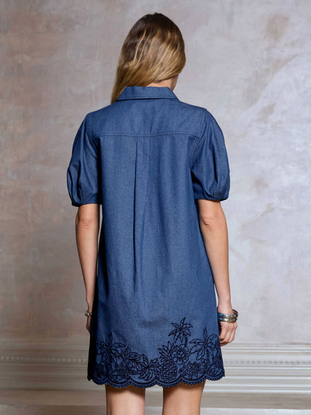Denim Embroidered Shift Mini Dress: Denim / XS - Lulu Bella Boutique