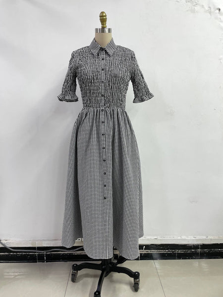 GINGHAM BUTTON UP MIDI DRESS: BLACK/IVORY