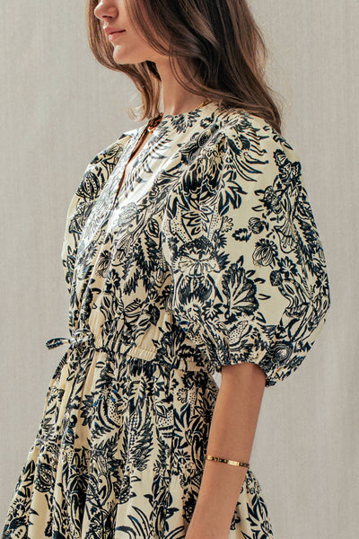 Botanical Puff Sleeve Cotton Midi Dress: IVORY BLACK / S-M-L:2-2-2 - Lulu Bella Boutique
