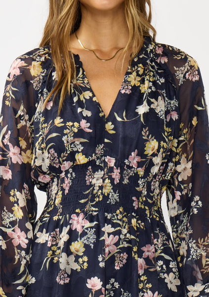 Smocked Waist Ruffle Maxi Dress: NAVY/YELLOW