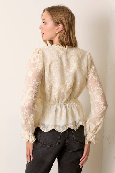 TEXTURED LACE PRINTED LONG SLEEVE TOP: CREAM / S