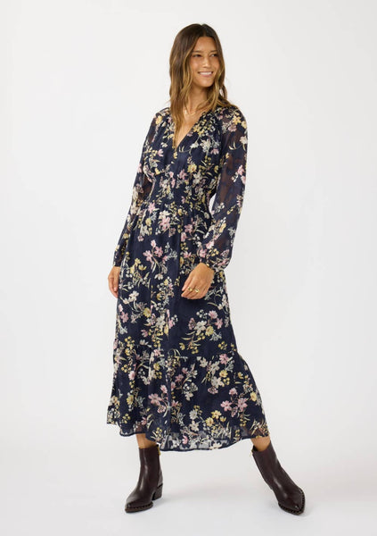 Smocked Waist Ruffle Maxi Dress: NAVY/YELLOW