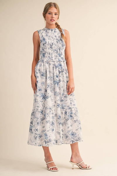 EXCLUSIVE FLORAL PRINT SMOCKED MIDI DRESS MDR4633: IVORY BLUE FLORAL / S - Lulu Bella Boutique