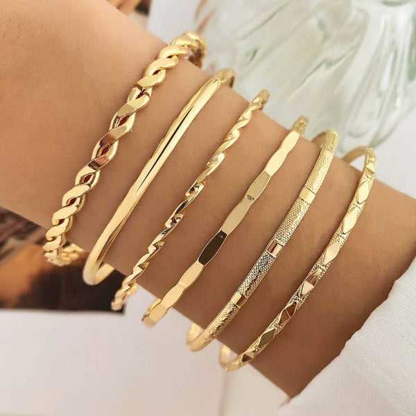 Gold Layered Bangle Set - Mixed Texture Stack | 40B5238: SET - Lulu Bella Boutique