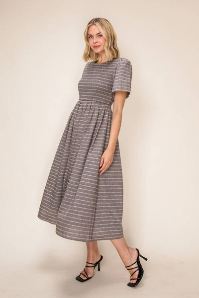 Striped Smocked Midi Dress: Shadow Grey / S - Lulu Bella Boutique