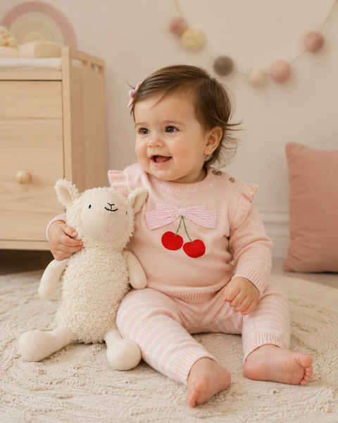 Cherry Bow Baby Pullover & Stripe Pants (Organic Cotton): Pink / Natural