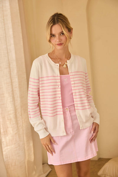 Striped Button-Down Cardigan: White-Pink - Lulu Bella Boutique