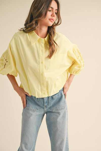 CUT OUT EMBROIDERED BUBBLE SLEEVE TOP MTP3835: LEMON / S - Lulu Bella Boutique