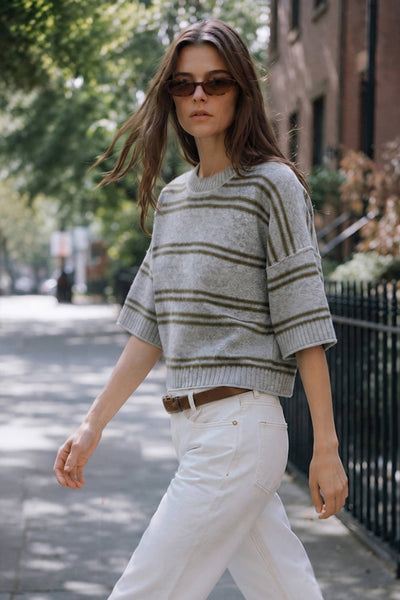 Soft Touch Striped Wide Sleeve Sweater: HEATHER GREY/OLIVE