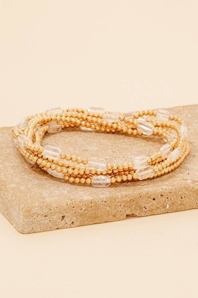Faceted Glass Charms Metallic Beaded Bracelet Set: PINK - Lulu Bella Boutique