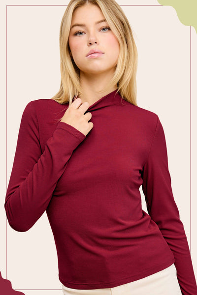 Stretchy Ribbed Long Sleeve Mock Neck Basic Top: Sangria / L