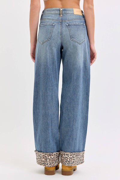 Mid Rise Wide Leg with Leopard Cuff