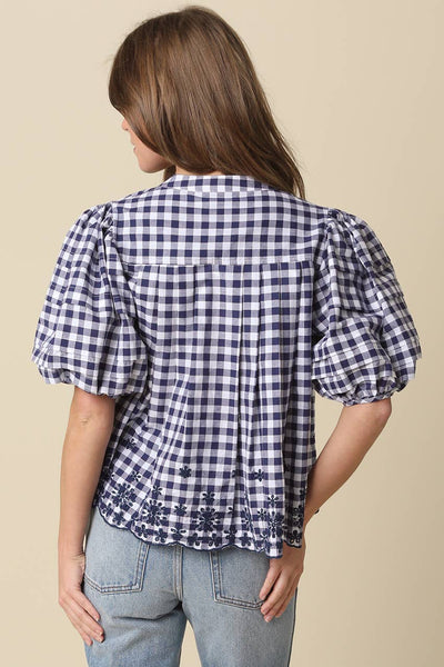 Abbie Gingham Puff Sleeve Blouse: White Navy / Contemporary / S - Lulu Bella Boutique