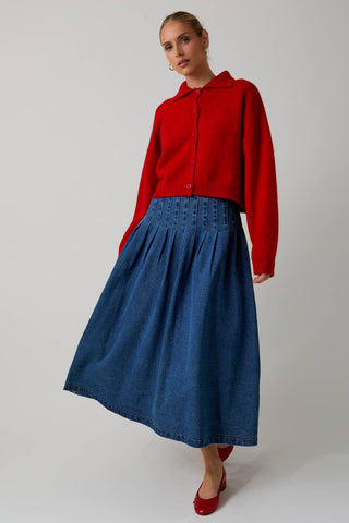 DENIM PLEATED MIDI SKIRT: DENIM / S - Lulu Bella Boutique
