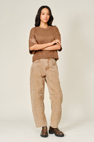 EMBROIDERED DETAIL COTTON BARREL PANTS: RUST