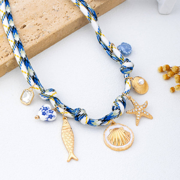 ROPE CHARM NECKLACE-STARFISH SEASHELL CLOISONNE | 80N92968: Gold - Lulu Bella Boutique
