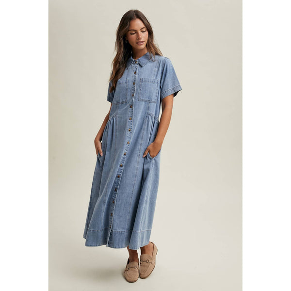 DENIM BUTTON-FRONT SHIRT DRESS/ WL25-12368: M.DENIM / S - Lulu Bella Boutique