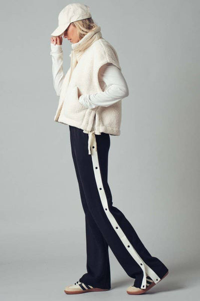 Snap Button Contrast Stripe Track Pants: BLACK