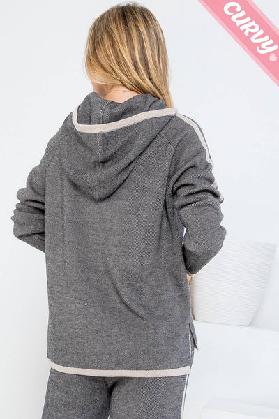 PLUS SIZE RELAXED CASUAL  KNIT SWEATER HOODIE : TAUPE/BLACK / Plus Size / 2XL/3XL