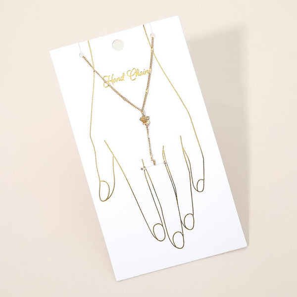 Delicate Flower Charm Accent Hand Chain Bracelet: Clear,Rhodium - Lulu Bella Boutique