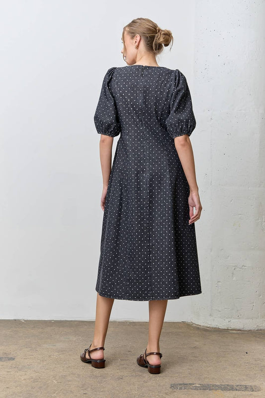 Denim Polkadot Bubble Sleeve Midi Dress: BLACK DENIM