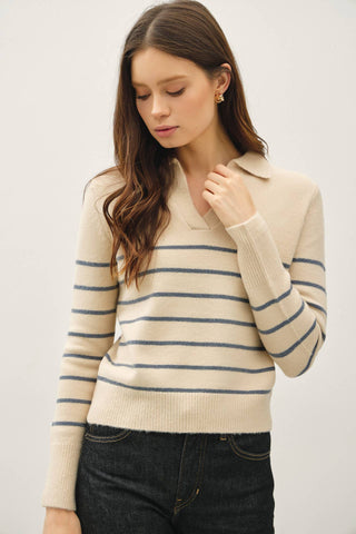 COLLARED V-NECK SWEATER WITH STRIPE: Blue / S - Lulu Bella Boutique