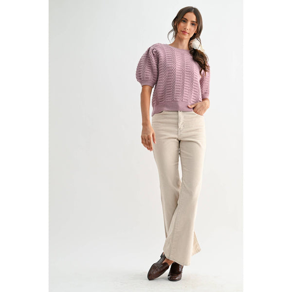 TEXTURED PUFF SLEEVE KNIT SWEATER: MAUVE