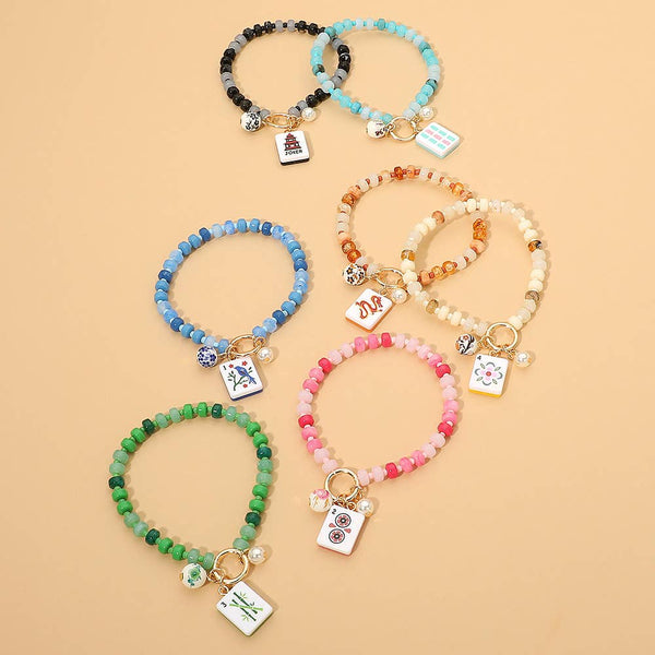 Mahjong Tile Charm Pearl Floral Bead Ball Accent Beaded Stretch Bracelet: Gold,Pink - Lulu Bella Boutique